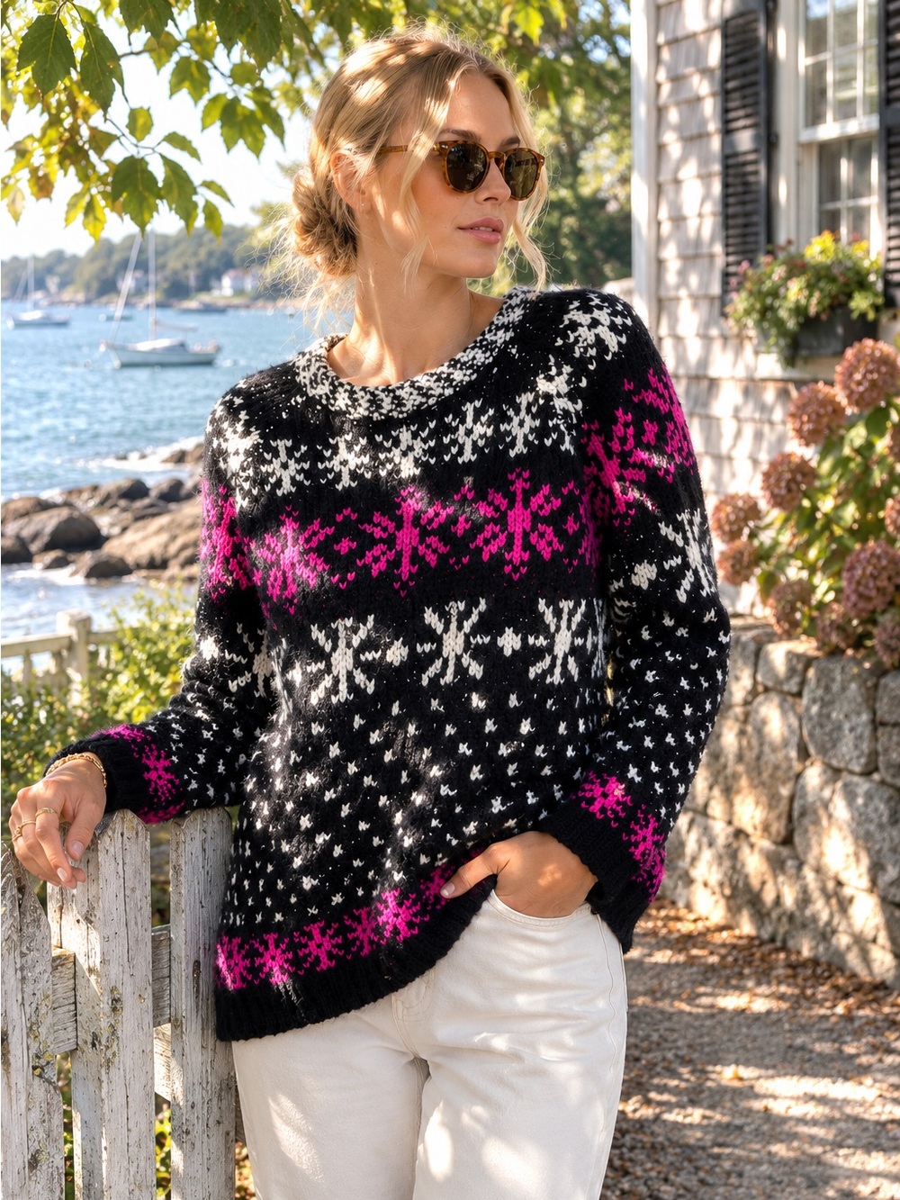 J. CREW Black and Pink Nordic Cabincore Preppy Coastal Ski Sweater, L